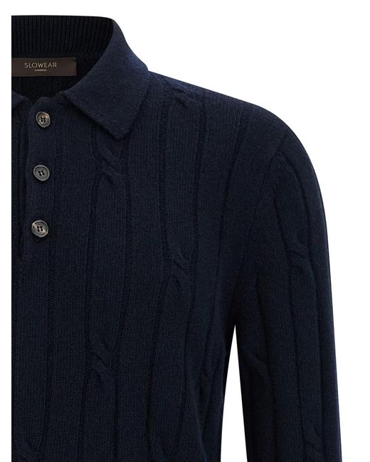 Zanone Blue Cable-Knit Button-Placket Polo Shirt for men