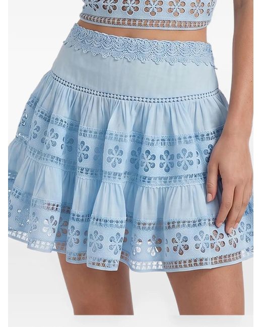 Charo Ruiz Blue Lea Embroidered-Lace Tiered Mini Skirt