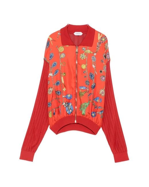 Versace Red Jewellery-Print Pleated-Sleeve Cardigan