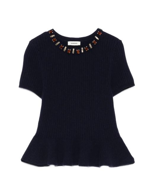 Sandro Blue Crystal-Embellished Short-Sleeve Top