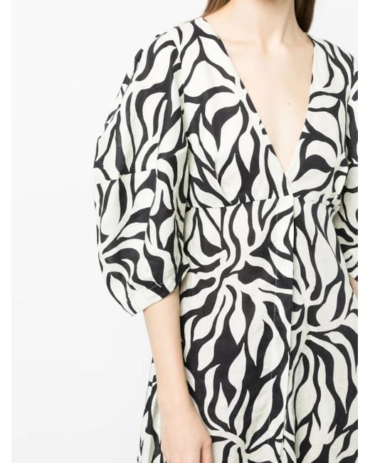 Cala De La Cruz White Botanical-Print Button-Up V-Neck Dress