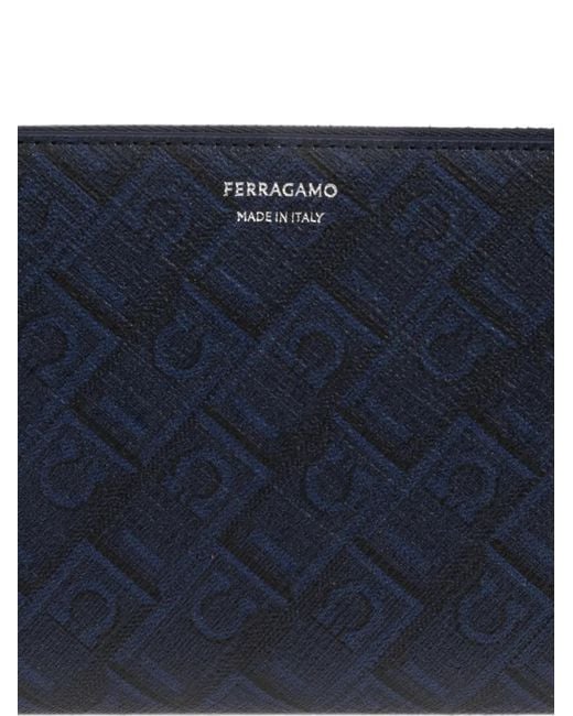Ferragamo Blue Portefeuille En Cuir À Plaque Logo