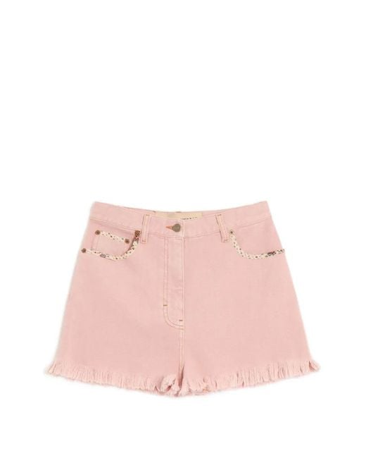 Valentino Garavani Pink Floral Frayed Denim Shorts