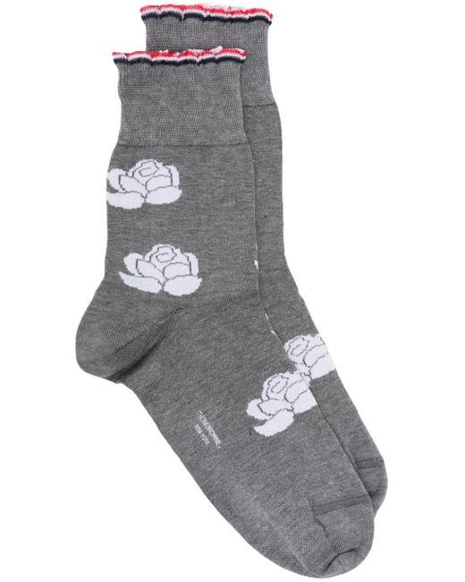 Thom Browne Gray Floral-intarsia Ankle Socks