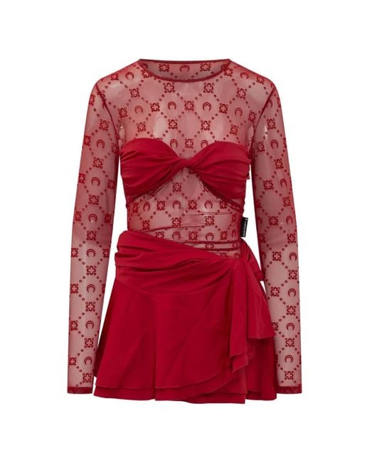 MARINE SERRE Red Moonogram Draped Dress