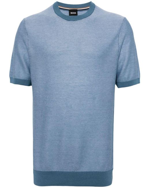 Boss Blue Contrast-trim Knitted T-shirt for men