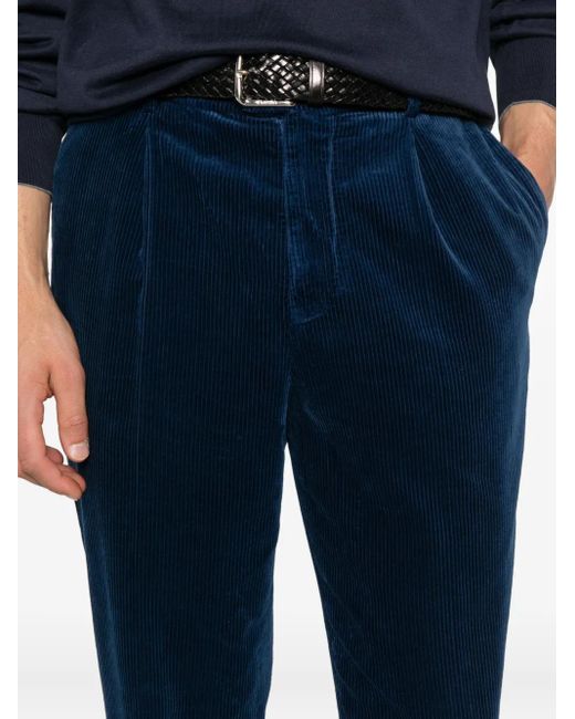 Brunello Cucinelli Blue Corduroy Pleated-Front Trousers for men
