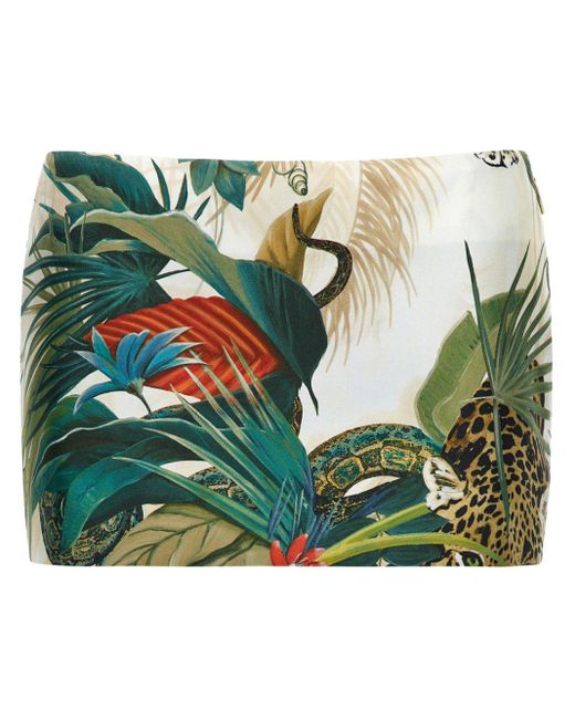 Roberto Cavalli Green Jungle-print Silk Miniskirt