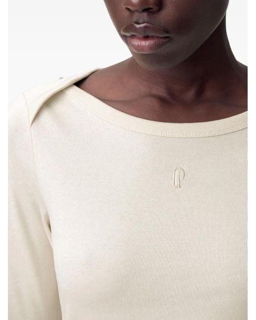 Claudie Pierlot Natural Boat-Neck Embroidered T-Shirt