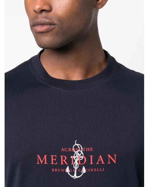 Brunello Cucinelli Blue Logo-print Cotton T-shirt for men