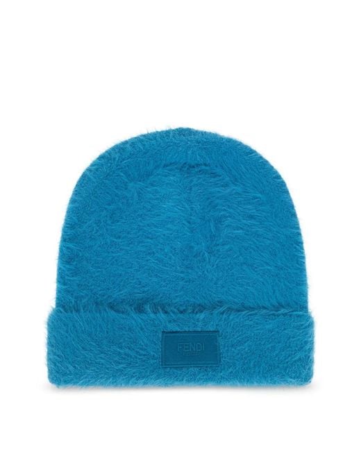 Fendi Blue Logo-Patch Beanie Hat for men