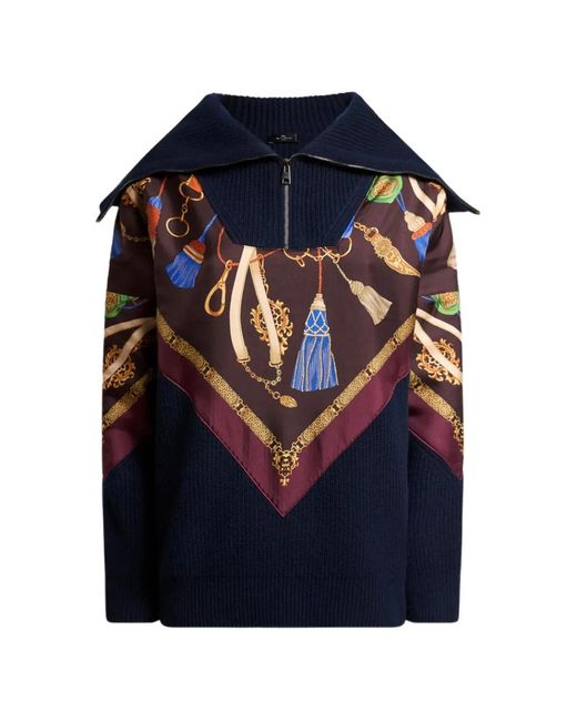 Etro Blue Wool And Cashmere Sweater With Zip And Silk Insert