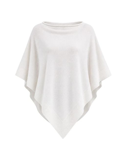Not Shy White Poncho En Maille À Bords Côtelés