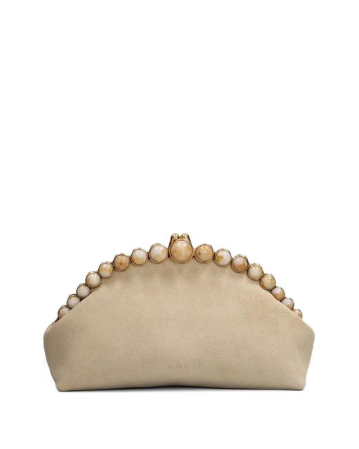 Cult Gaia Natural Bead-Embellished Suede Clutch Bag