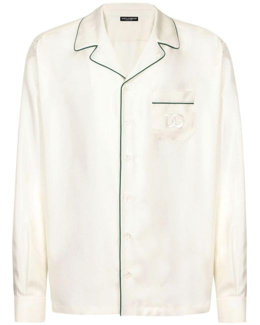 Dolce & Gabbana Embroidered-logo silk-twill shirt in Natural für Herren