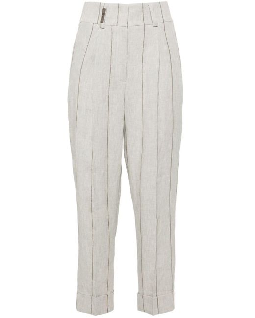 Peserico White Pinstriped Linen Cropped Trousers