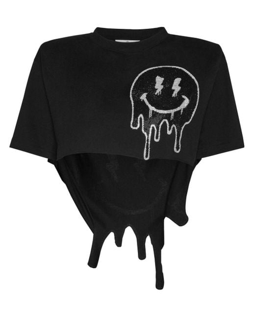 Philipp Plein Black Smiley-face Cropped T-shirt