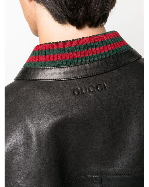 Gucci Black Web-collar Leather Bomber Jacket for men