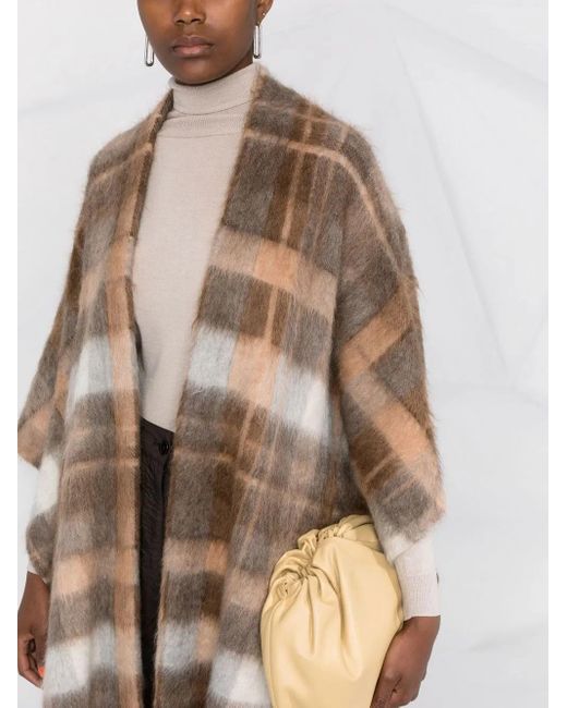Brunello Cucinelli Brown Check-Print Frayed-Edge Cape