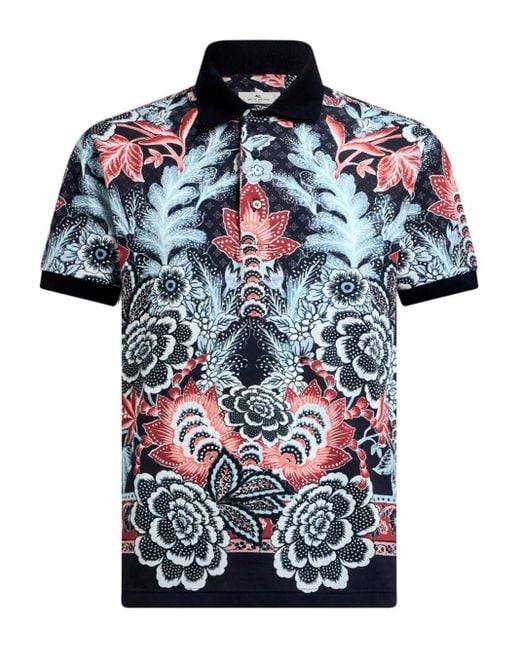 Etro Blue Paisley Cotton Pique Polo Shirt for men