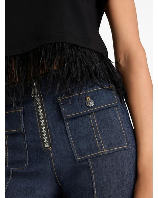 Cinq À Sept Black Short-Sleeve Feather-Trimmed Cropped T-Shirt