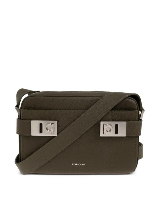 Ferragamo Black Gancini Pebbled Leather Messenger Bag for men