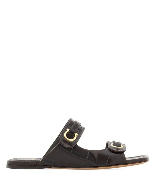 Ferragamo Black Gancini-Plaque Leather Slides