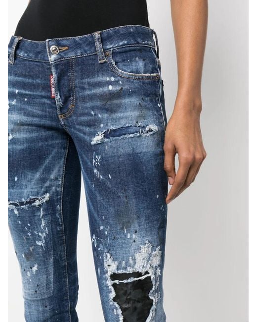 DSquared² Blue Splatter-Detail Skinny Jeans