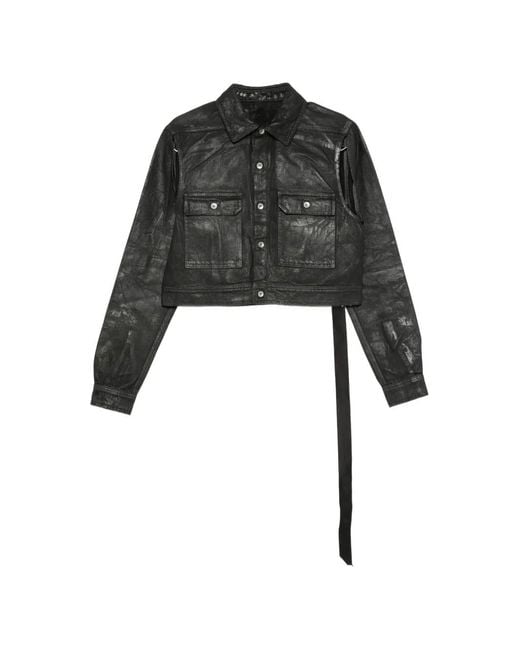 Rick Owens Black Cape-Sleeve Cropped Denim Jacket