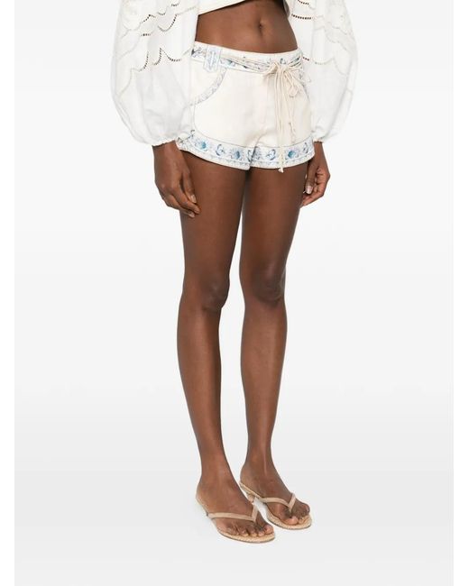 Zimmermann White Drawstring Embroidered Shorts