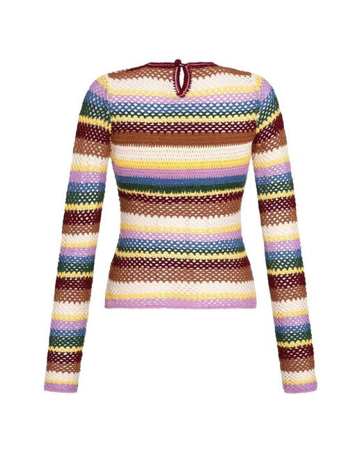 Carolina K White Mila Crochet-Knit Striped Cotton Top