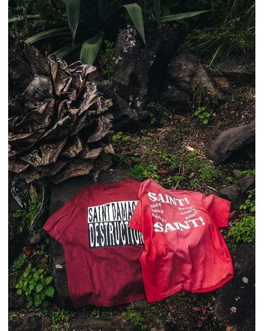 SAINT Mxxxxxx Red Distressed Graphic-Print T-Shirt for men