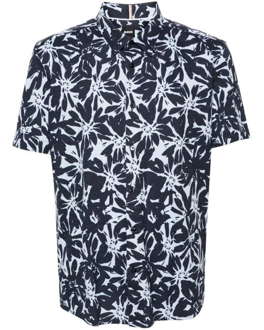 Boss Blue Floral-print Cotton Shirt for men