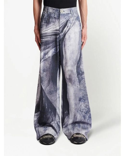 Balmain Blue Graphic-Print Wide-Leg Jeans for men