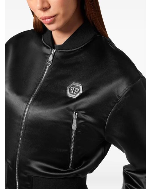 Philipp Plein Black Nylon Cropped Bomber Fatale
