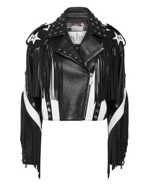 Philipp Plein Black Moon Biker Leather With Fringes Jacket