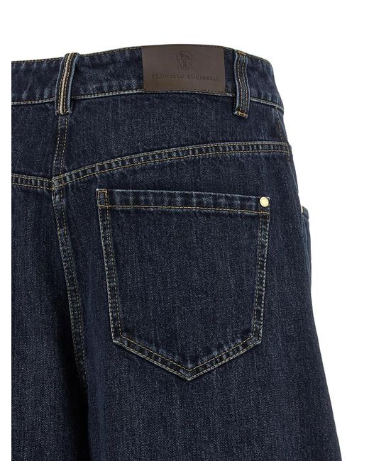 Brunello Cucinelli Blue Monile-Detail Wide Barrel Jeans