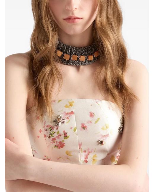 Prada Natural Floral-Print Embellished Mini Dress