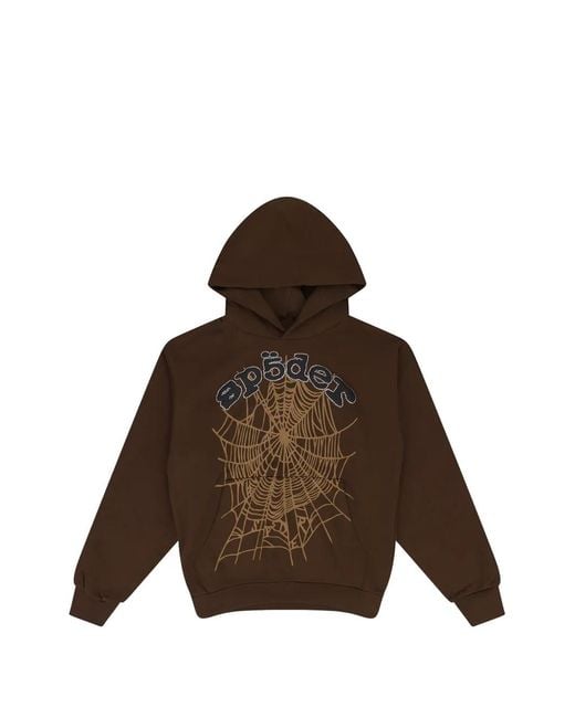 Sp5der Brown Rhinestone-Embelished Web-Motif Hoodie for men
