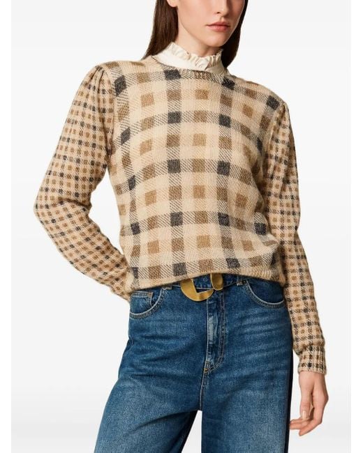 Twinset Natural Puff-Sleeve Check-Print Sweater