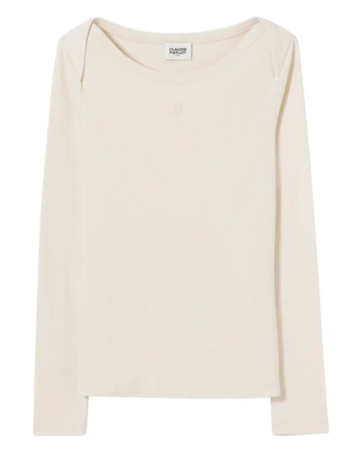 Claudie Pierlot Natural Boat-Neck Embroidered T-Shirt