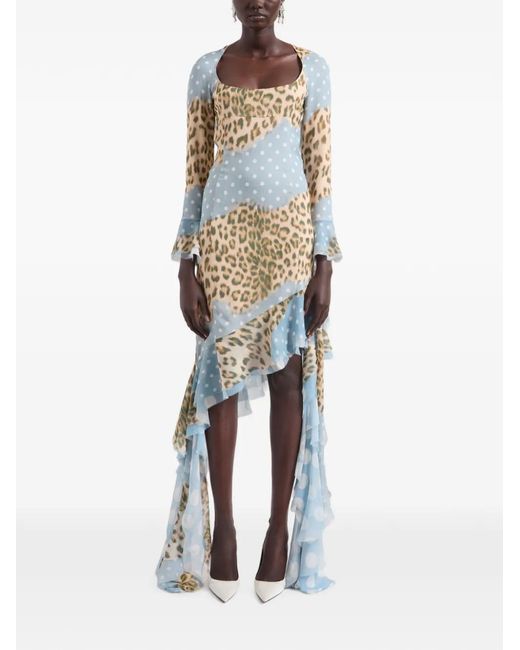 Nina Ricci Blue Leopard-Print Polka-Dot Midi Dress