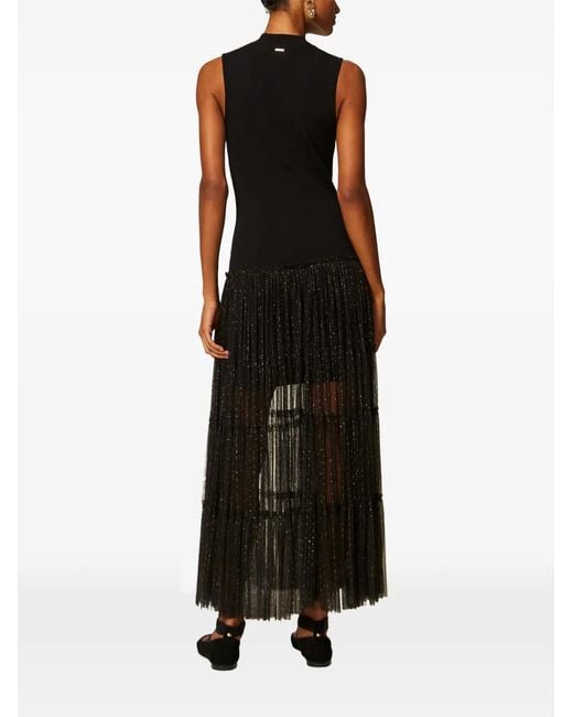 Twinset Black Long Sleeveless Knit Dress With Plumetis Tulle