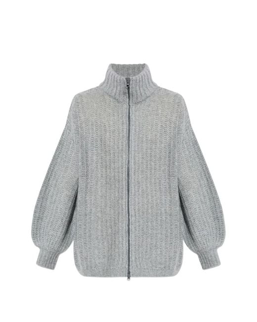 Lisa Yang Gray Moralie Zipped Balloon-Sleeve Sweater