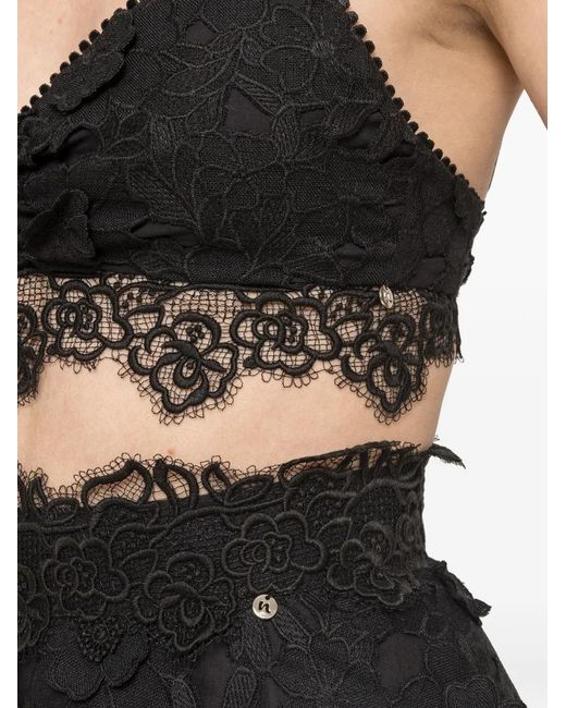 Nissa Black 3D Floral Embroidery Cotton Crop Top