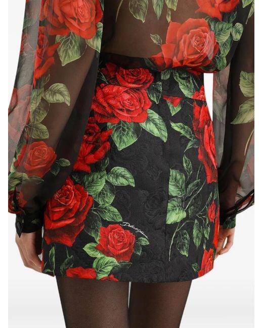 Dolce & Gabbana Red Rose-Print Brocade Skirt
