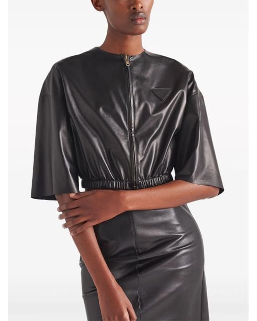 Prada Black Cropped Leather Bomber Jacket