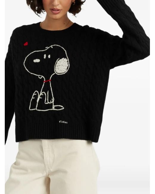 Chinti & Parker Black X Peanuts Snoopy-Motif Cable-Knit Sweater
