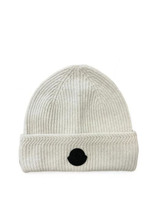 Moncler White Logo-Patch Ribbed-Knit Beanie Hat for men