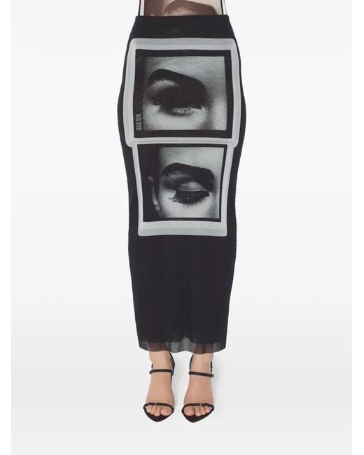 Jean Paul Gaultier Black Re-Edition: Mesh Long Skirt Printed "Eyes And Lips